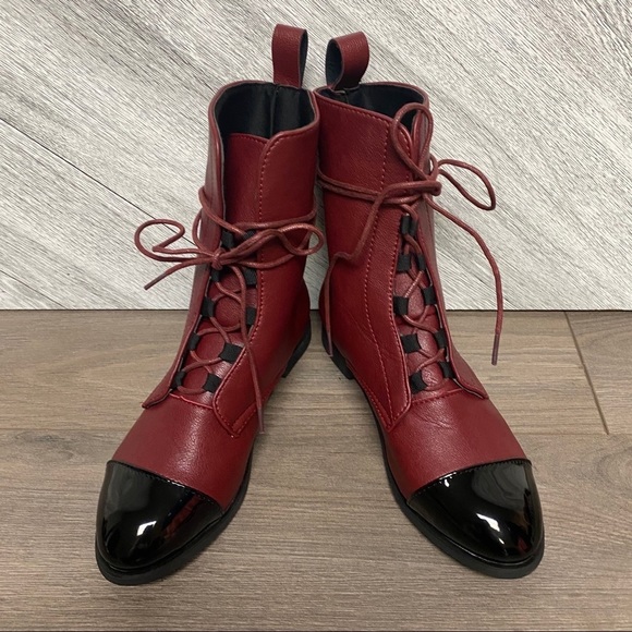 New! Vintage Style Combat Lace Up Boots In Wine - Picture 2 of 8